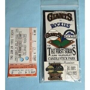 1993 SF Giants vs Rockies 1st Series Pin & used Candlestick Park Ticket Stub